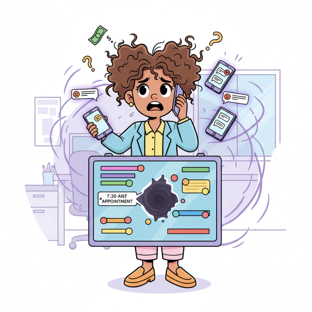 By 7:20 a.m., Tara is a frazzled mess, her hair standing on end, surrounded by unanswered messages and mounting frustration. The empty slot on her schedule board looks like a gaping hole, representing lost revenue and a potentially unhappy client. She feels the weight of the world on her shoulders, imagining the valuable work slipping away.