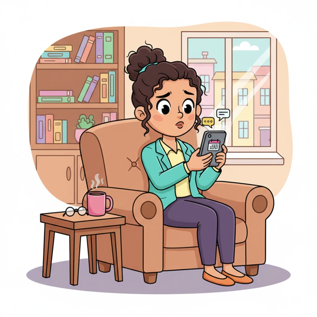 Meanwhile, Maria, a kind and diligent cleaner, sits at home, wishing for an extra shift to fill her week. She's tired of sifting through sketchy online job boards and missing out on opportunities because messages arrive too late. Her face shows a mix of hope and mild frustration.