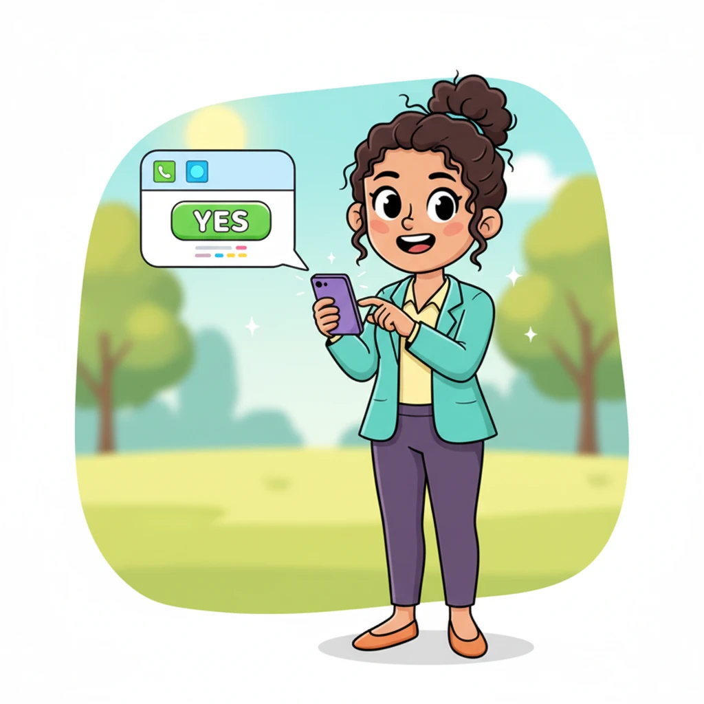 Suddenly, Maria's phone chirps with a clear, friendly SMS from Tara via JobGenie: 'Shift alert: Full day Bondi apartment tomorrow, 8 hrs @ $45/hr. Reply YES if you can take it.' Her eyes sparkle with delight as she instantly taps 'YES,' a big smile spreading across her face. No apps, no fuss, just a perfect job offer.