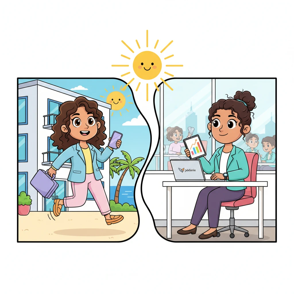 With a skip in her step, Maria arrives at the beautiful Bondi apartment, ready for a full day of work, thanks to JobGenie. Tara, beaming from her office, sees her business thriving, her team happy, and her clients satisfied. The sun shines brightly on both Tara and Maria, symbolizing a world where work fits perfectly into everyone's lives.