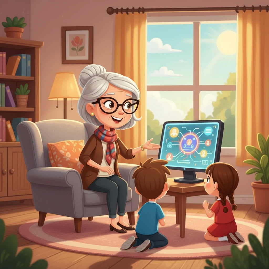 En la acogedora sala de la abuela, había una computadora brillante. La abuela les explicó que hoy era el Día Mundial del Internet y les mostraría cómo funcionaba. Leo y Sofía miraban con ojos llenos de asombro.