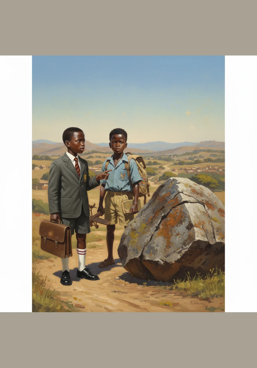 Lebo and Sipho were walking home from school when they found a huge rock blocking the pathway. Lebo smiled, remembering their science lesson, while Sipho wondered how they could ever move such a heavy object.