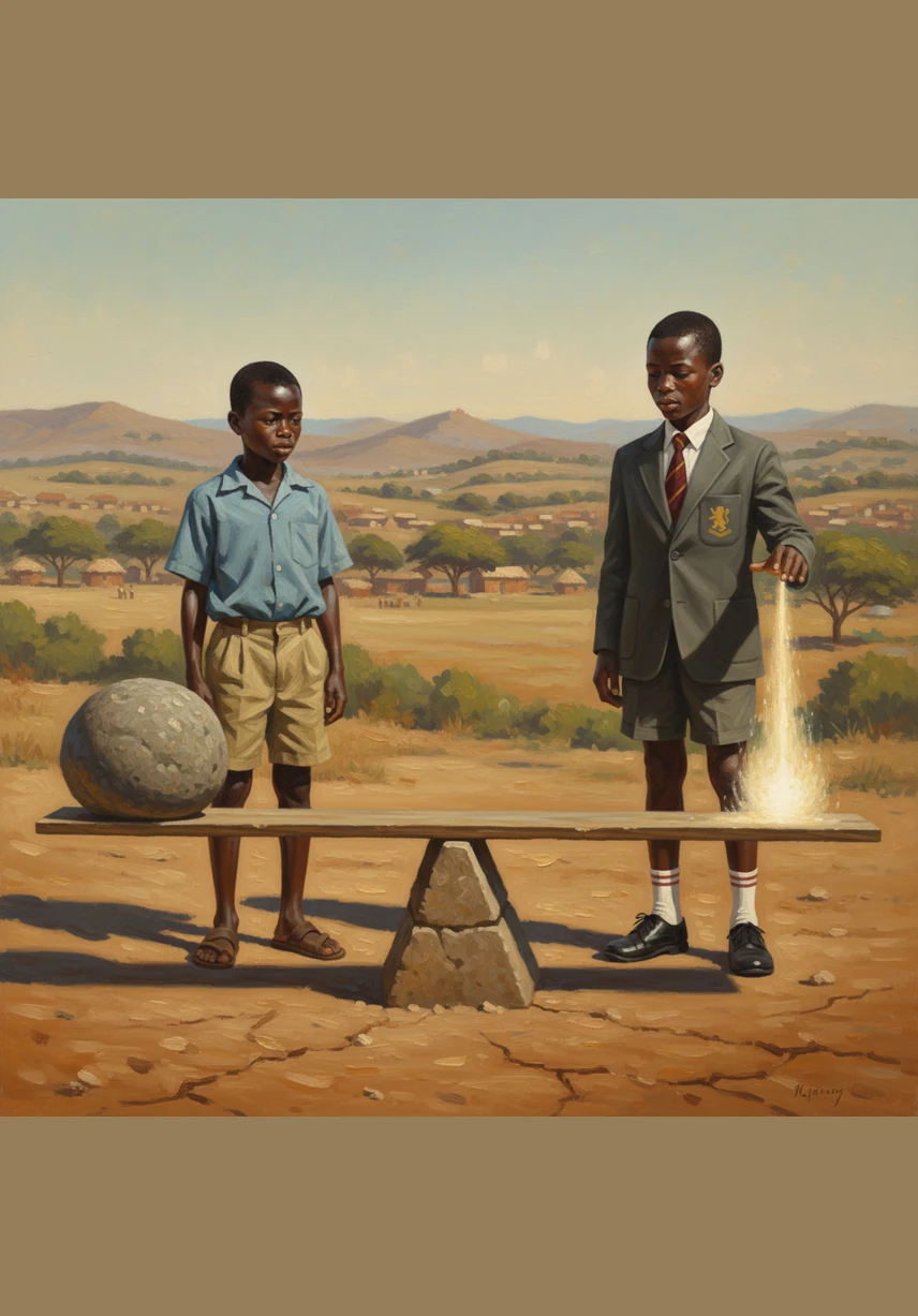 A long, straight wooden bar is balanced perfectly on a small triangular stone placed right in the middle. A heavy round stone sits on the left side of the bar, while a glowing energy pulse on the right side indicates where the force is applied.