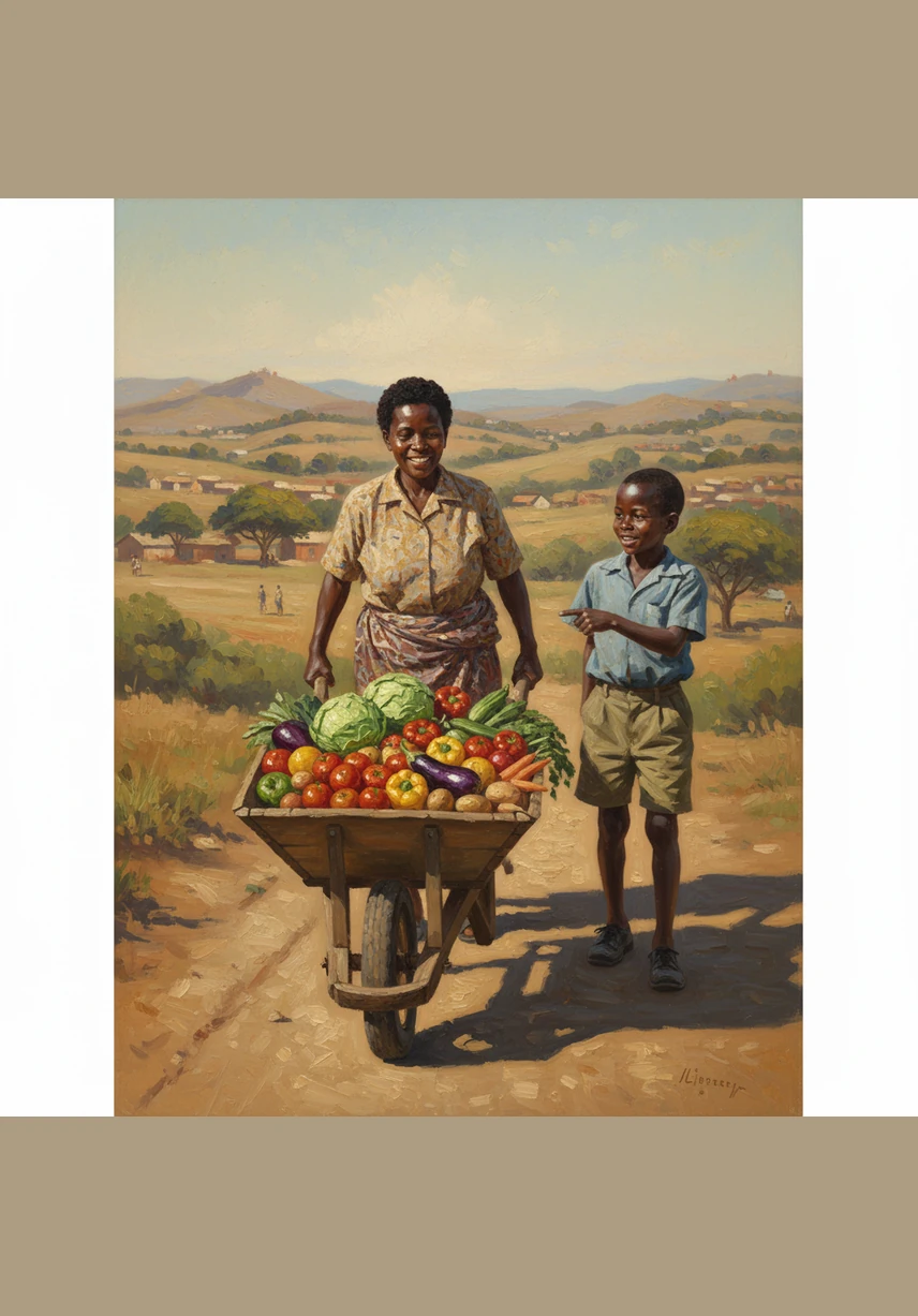 Later that day, Sipho helped his mother by pushing a wheelbarrow filled to the brim with heavy, colorful vegetables. Lebo pointed out that the wheelbarrow is a second-class lever because the heavy load rests in the middle of the frame.