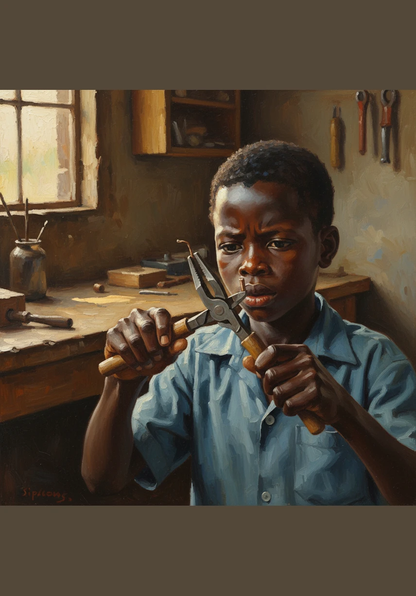 This illustration shows a tool with a hinge at one end acting as the pivot point and a small object being held at the very tip. The squeezing force is applied directly to the center of the tool's handles to show how the mechanism works.