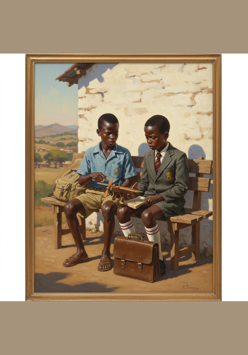 The two friends sat together on a park bench, looking at all the tools around them like fishing rods and nutcrackers. Lebo explained that every lever has a special job, whether it is making a load feel lighter or giving someone more control over a task.