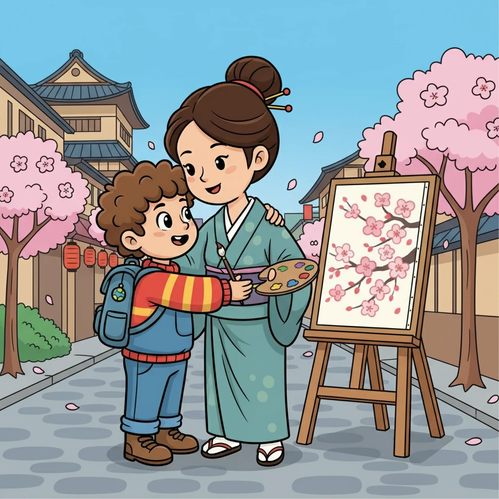 First, James traveled to a bustling city in Japan. He met a kind artist who taught him to paint beautiful cherry blossoms. James gave her a big hug and asked, "Will you be my godparent?"