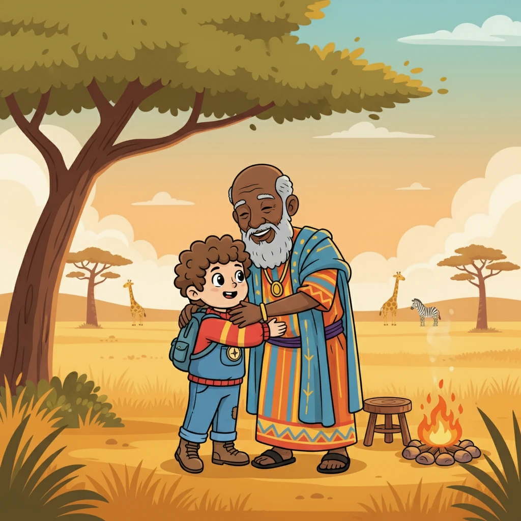 Next, James soared across the ocean to the African savanna. There, he encountered a wise old storyteller who shared tales of bravery and kindness. James gave him a big hug and asked if he would be his godparent.
