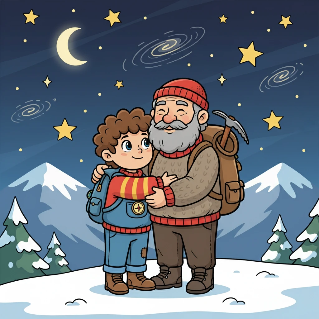 Then, James visited the snowy mountains of Switzerland. He met a friendly mountain guide who showed him the stars. James gave him a warm hug and asked if he would be his godparent.