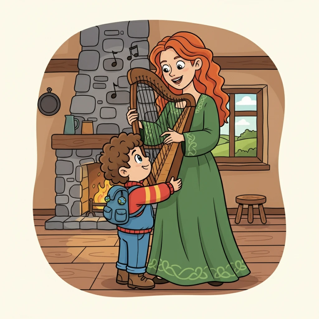 In a cozy cottage in Ireland, James met a talented musician who played joyful melodies. James gave her a big hug and asked if she would be his godparent.