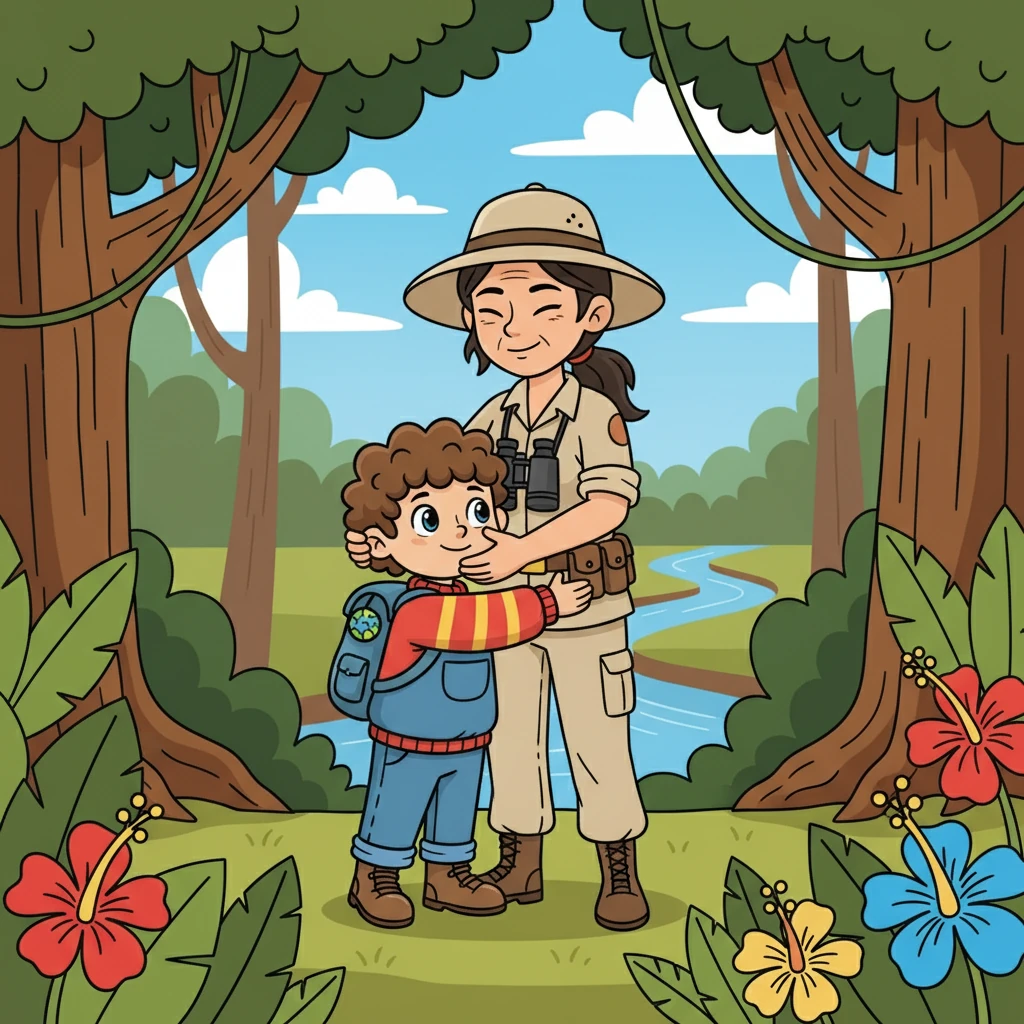 James traveled to the Amazon rainforest, where he met a brave explorer who taught him about nature. He gave him a big hug and asked, "Would you be my godparent?"