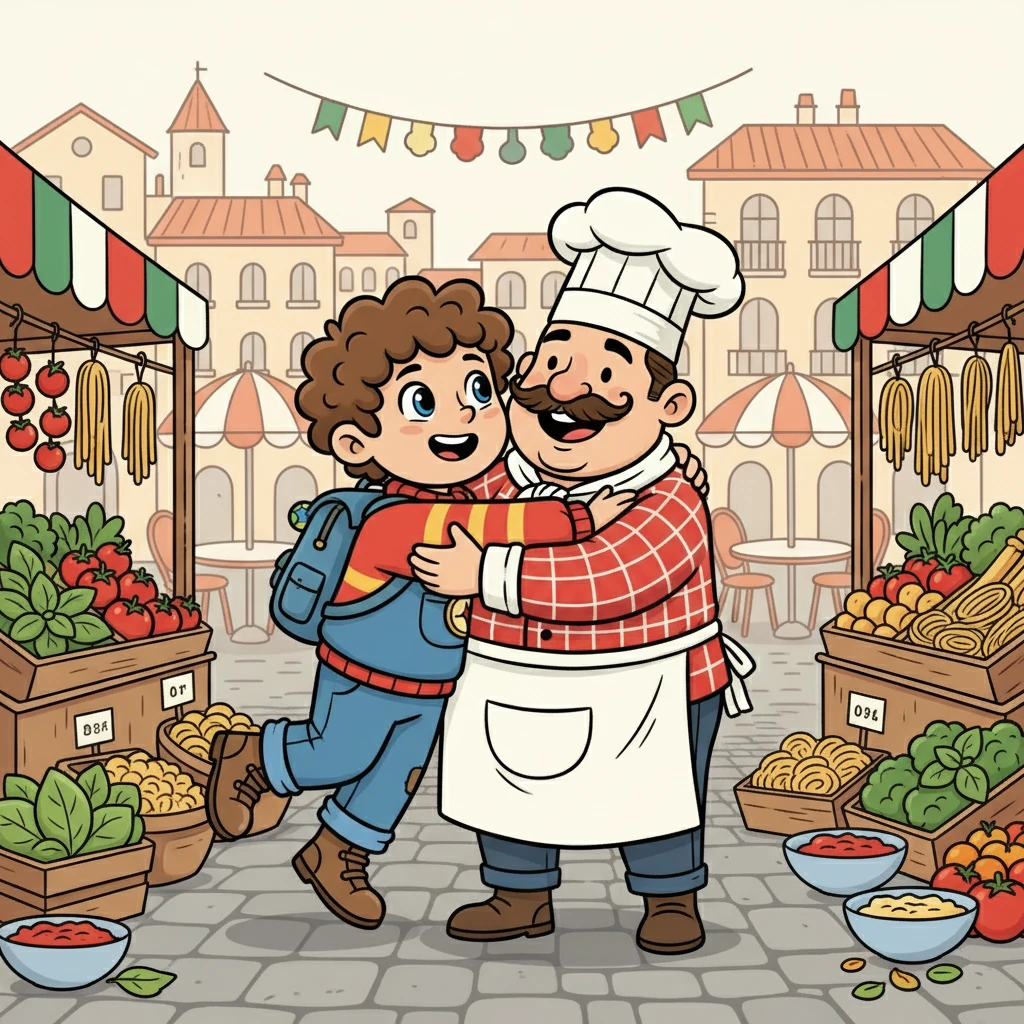 James then journeyed to a bustling market in Italy. He met a chef who showed him how to make delicious pasta. James gave him a big hug and asked if he would be his godparent.