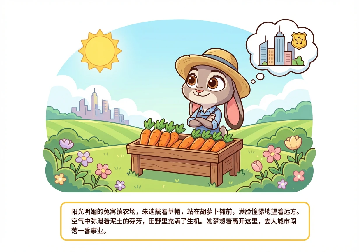 阳光明媚的兔窝镇农场，朱迪戴着草帽，站在胡萝卜摊前，满脸憧憬地望着远方。空气中弥漫着泥土的芬芳，田野里充满了生机。她梦想着离开这里，去大城市闯荡一番事业。