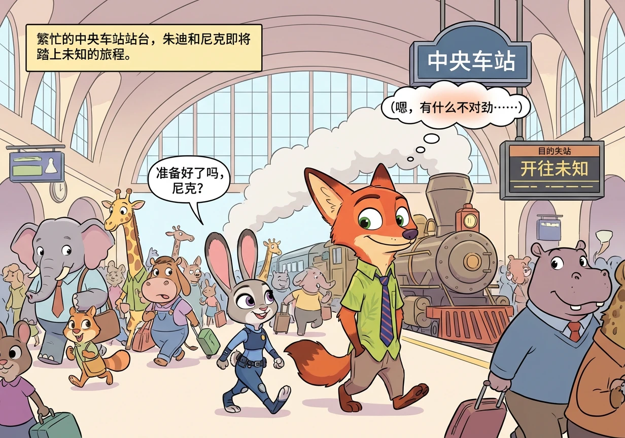 繁忙的中央车站站台，朱迪穿着警服，和穿着休闲衬衫的尼克并肩行走。尼克看起来漫不经心，但眼神却十分敏锐，时刻警惕着周围的一切。他们即将踏上一段未知的旅程。