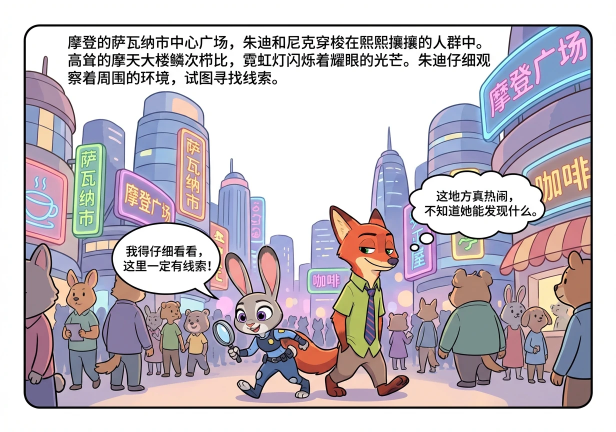 摩登的萨瓦纳市中心广场，朱迪和尼克穿梭在熙熙攘攘的人群中。高耸的摩天大楼鳞次栉比，霓虹灯闪烁着耀眼的光芒。朱迪仔细观察着周围的环境，试图寻找线索。