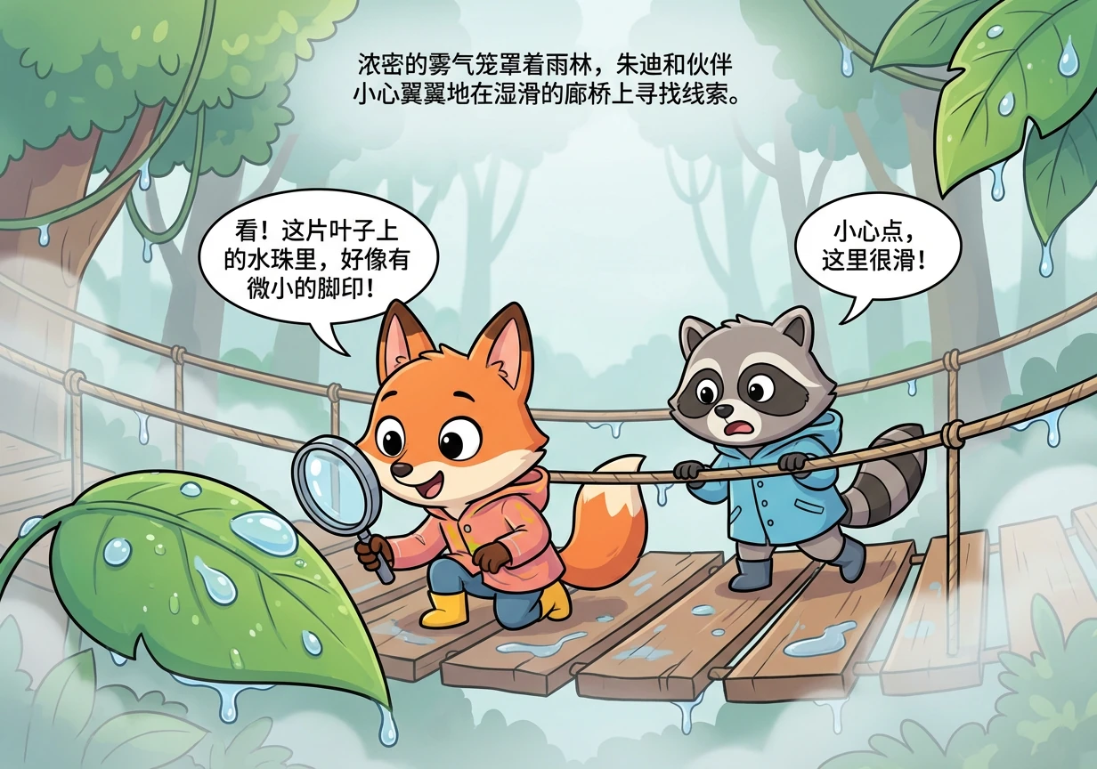 潮湿多雾的雨林区廊桥，两人在寻找线索，朱迪拿着放大镜，仔细地观察着一片巨大的叶子上的水珠。浓密的雾气笼罩着森林，空气中弥漫着潮湿的气息。他们必须小心翼翼地前行。