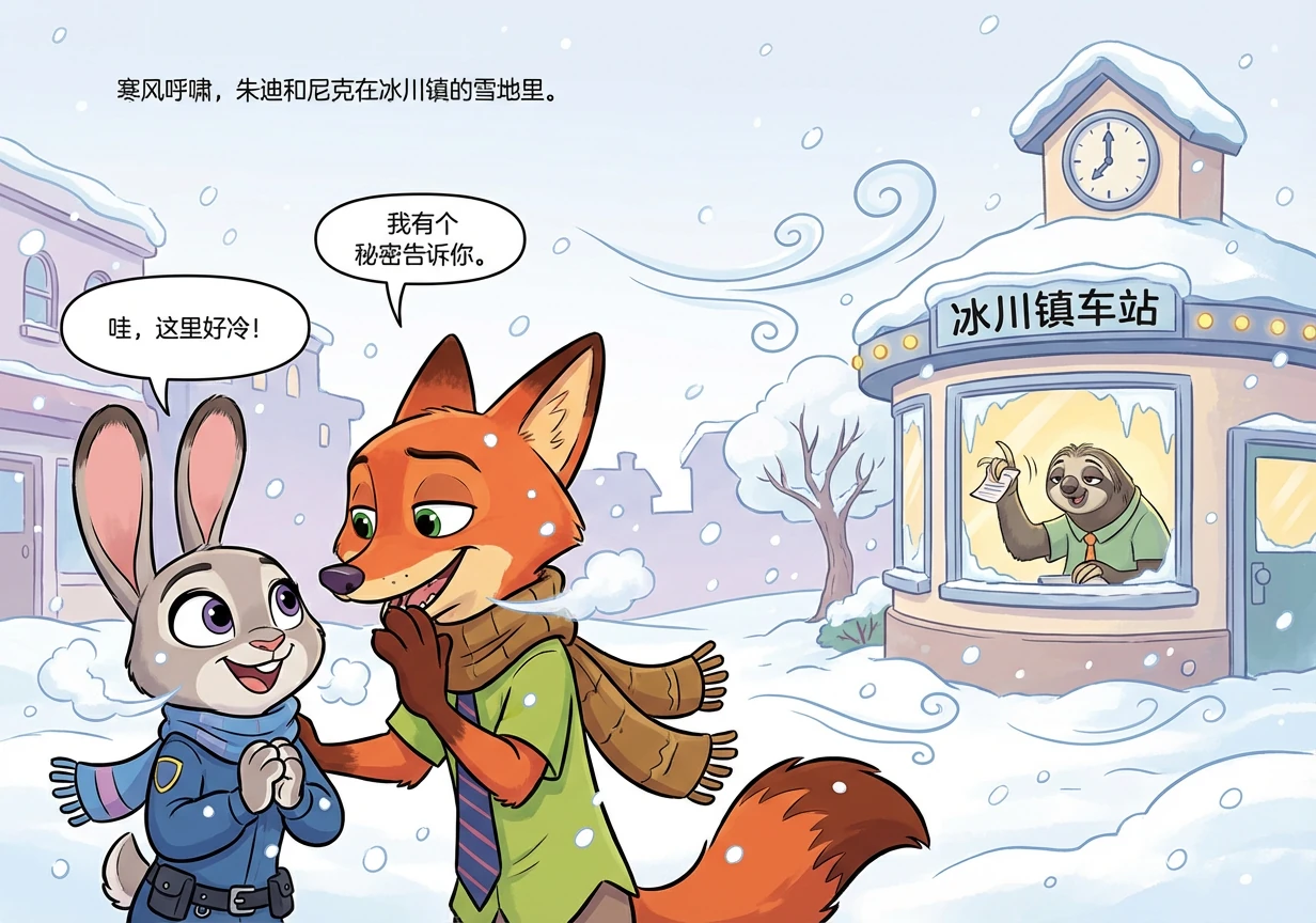 冰天雪地的冰川镇街道，朱迪和尼克在雪地中交谈。寒风呼啸，雪花纷飞。背景中，树懒闪电正极其缓慢地在车站盖章，形成鲜明的对比。