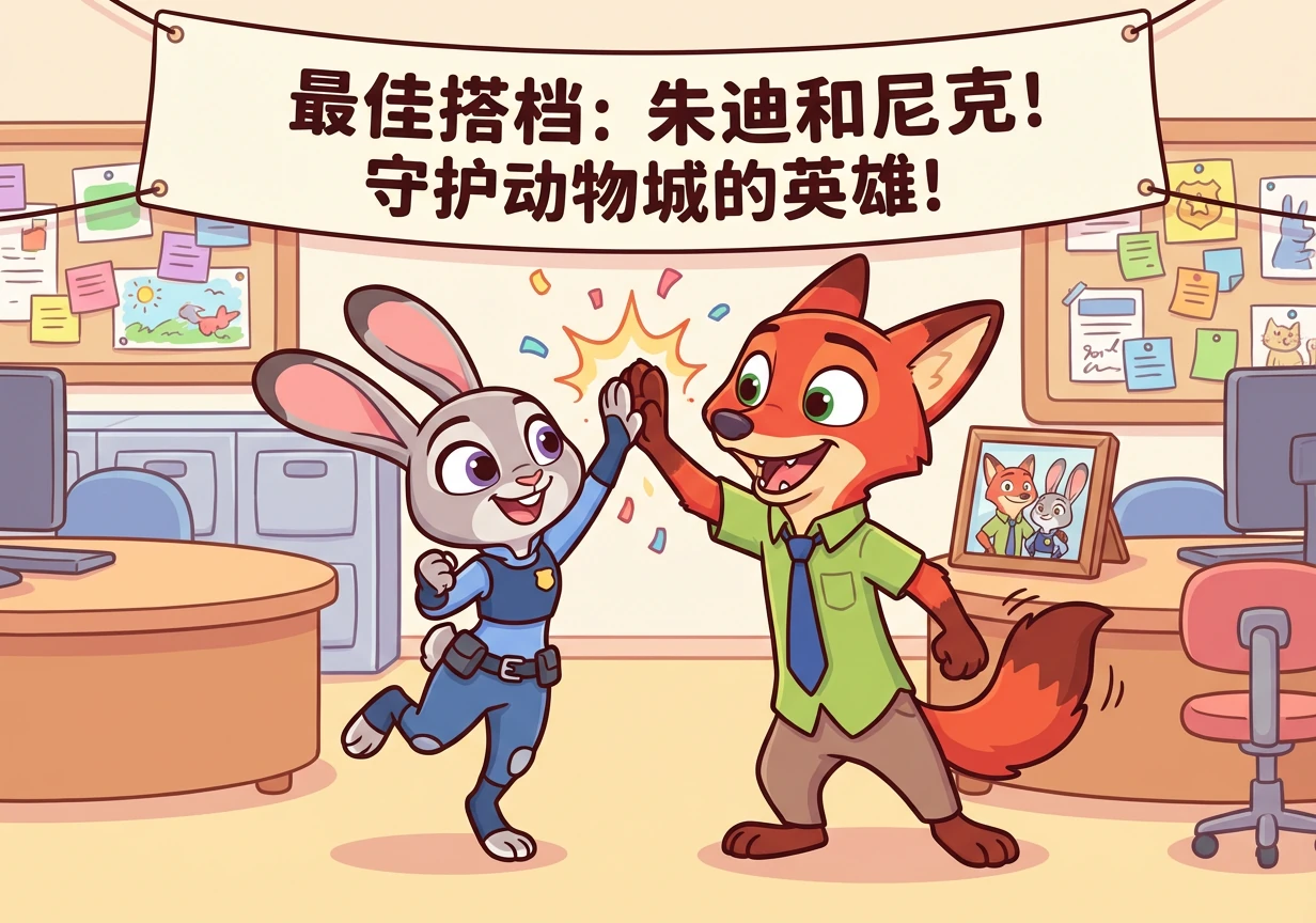 在疯狂动物城警察局，朱迪和尼克庆祝他们成功完成任务！他们互相击掌，脸上洋溢着喜悦的笑容。他们成为了最好的搭档，一起守护着这座充满活力的城市。