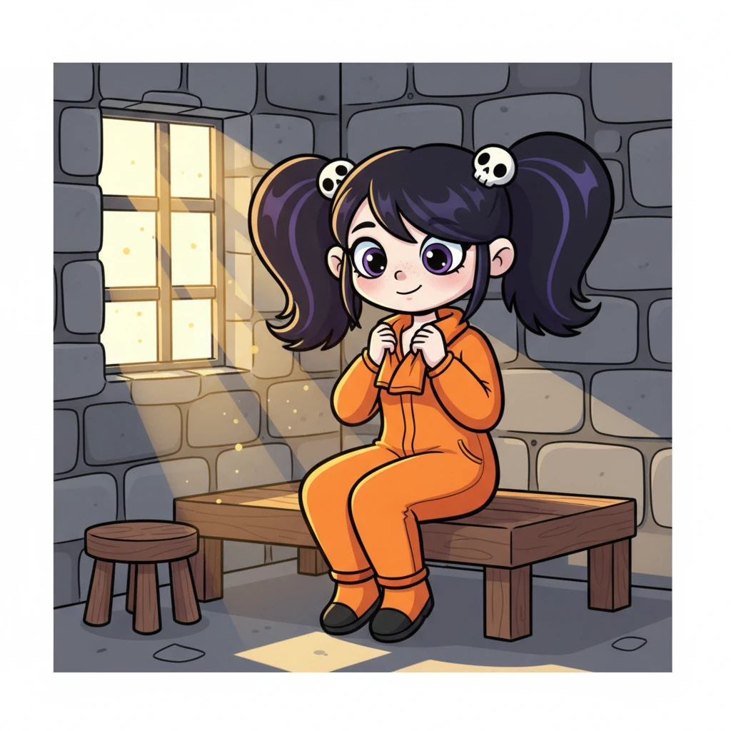 Willow Blackwood, with her dark pigtails and a friendly smile, sat cross-legged on her cot, admiring the smooth, rounded lines of her bright orange jumpsuit. The fabric of the collar, neatly folded, felt surprisingly soft against her chin. Sunlight streamed through the high window of her cell, illuminating dust motes dancing in the air.
