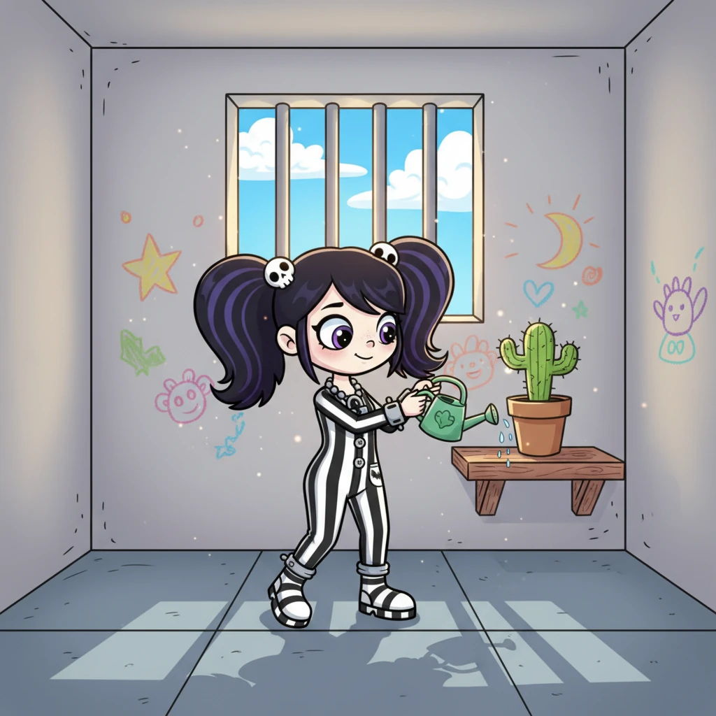 Her cell was surprisingly cozy, adorned with whimsical drawings on the walls and a small, potted cactus on a tiny shelf. Willow hummed a happy tune as she carefully watered her plant, her movements delicate and precise. The metal bars on her window framed a perfect view of fluffy clouds drifting by.