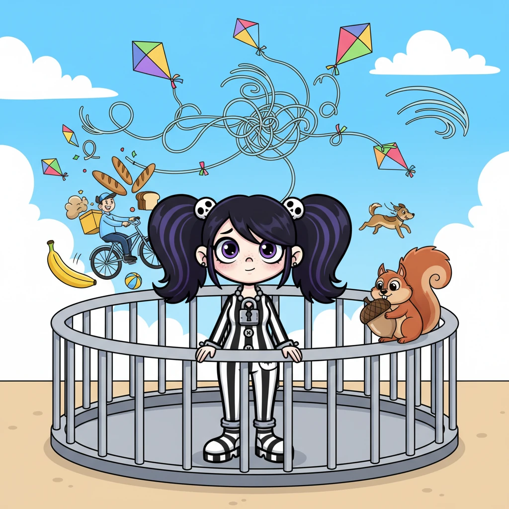 Outside, the world was a whirlwind of accidental chaos whenever Willow was around – a sudden gust of wind tangling kites, a misplaced banana peel causing a comical pile-up, or a friendly squirrel mistaking her for a giant nut dispenser. Here, behind her protective bars, everything was calm and predictable, a gentle haven for her gentle, if slightly clumsy, soul.