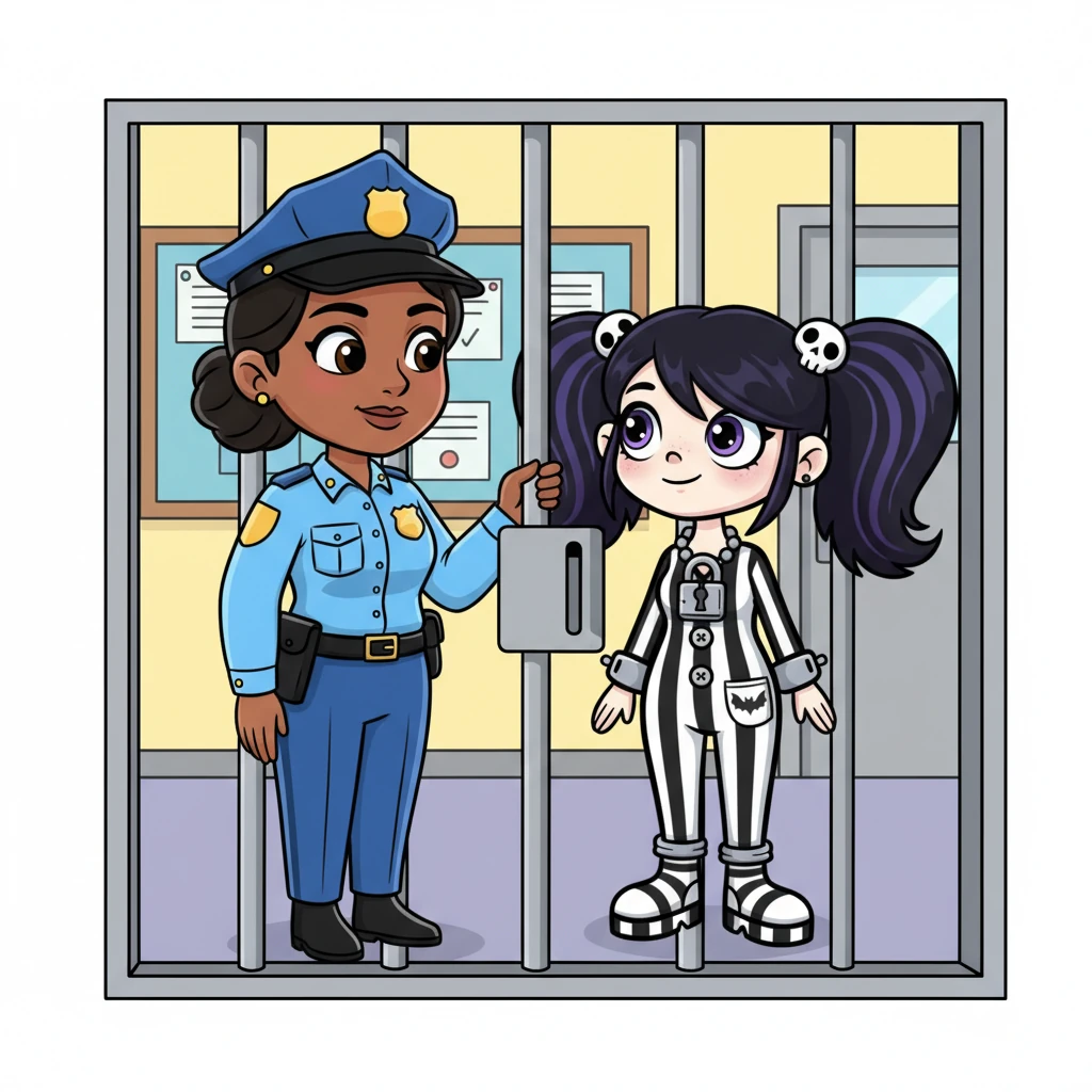 A friendly officer, Officer Higgins, with a kind smile and a neatly pressed uniform, approached Willow's cell. He politely tapped on the bars, announcing, "Time for your little trip, Willow." Willow looked up, her expressive eyes twinkling with quiet readiness.