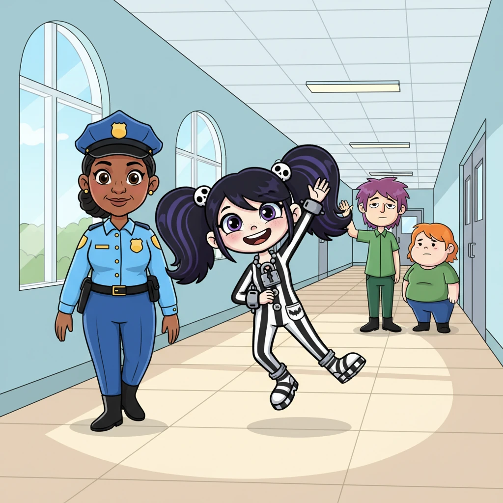 As Officer Higgins escorted her down a brightly lit corridor, Willow waved cheerfully at a few other residents she passed, who returned her greeting with various degrees of enthusiasm. Her dynamic pose, light on her feet, showed no trace of reluctance or fear. The facility, though orderly, had a surprisingly friendly atmosphere.