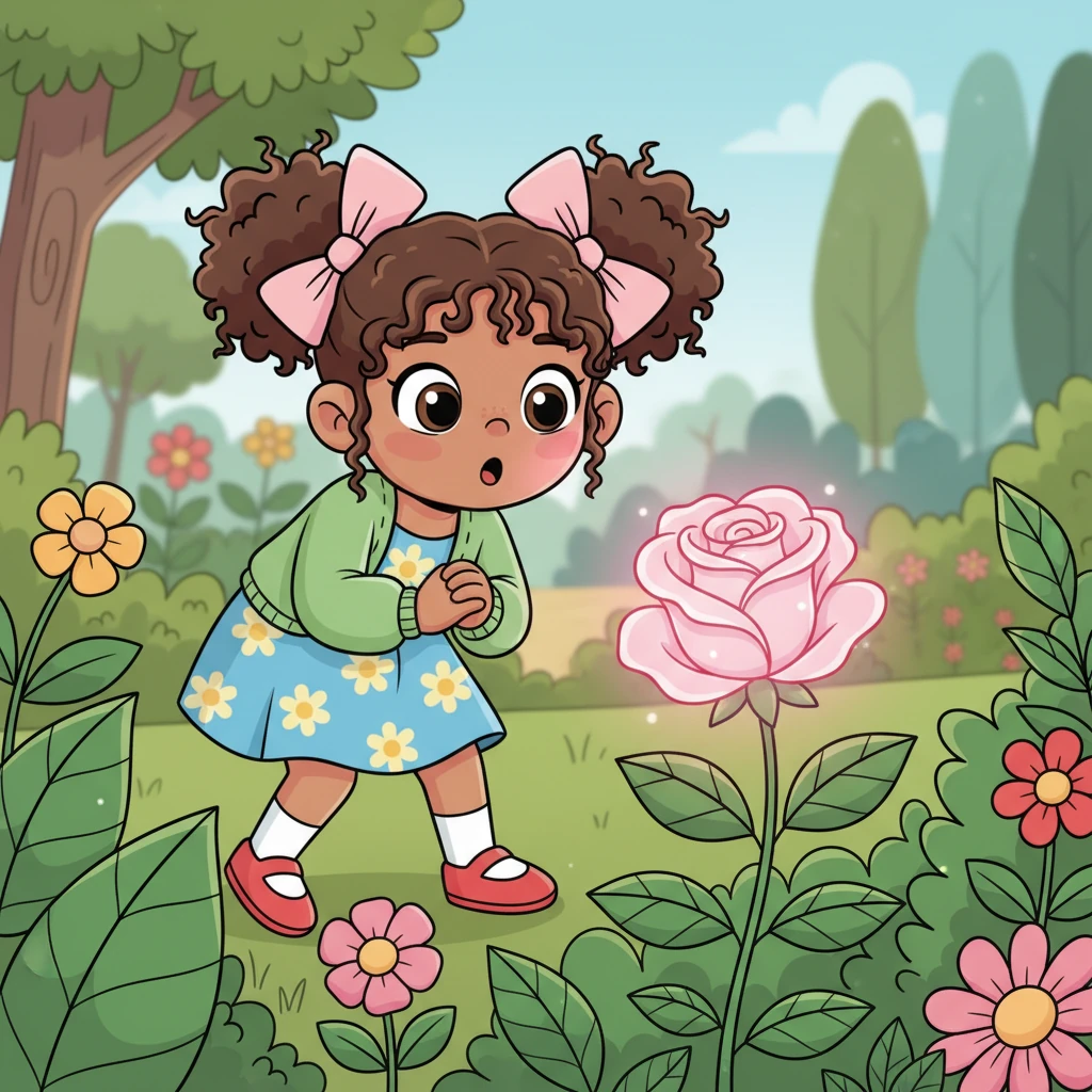 As she ventured deeper, a particularly magnificent rose caught her eye. Its petals glowed with an unusual soft pink, unlike any other flower she had ever seen. Lily leaned in for a closer look, and to her utter astonishment, the rose budded slightly and whispered, "Hello there, little one."