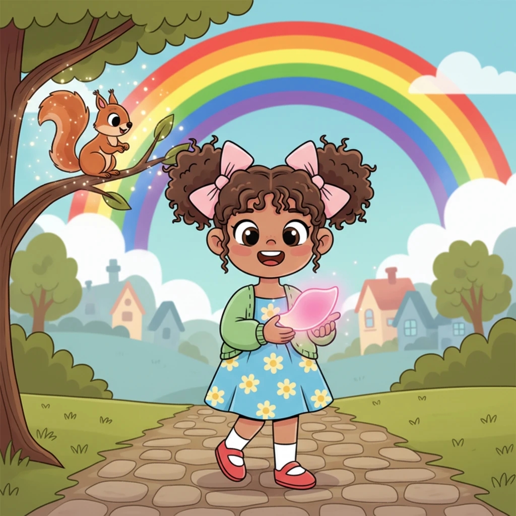 Carrying the glowing petal, Lily returned home, but the world around her seemed different now. She noticed a squirrel's tail sparkle with forgotten stardust and a rainbow arc with extra vibrant hues. Small signs of the magical world were beginning to peek through.