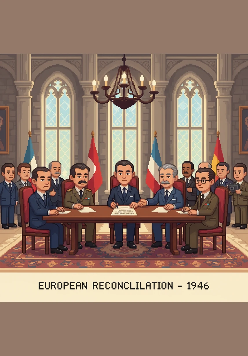 Después de la guerra, Europa quiere vivir en paz. Los líderes de diferentes países deciden trabajar juntos para evitar más conflictos y construir un futuro mejor.