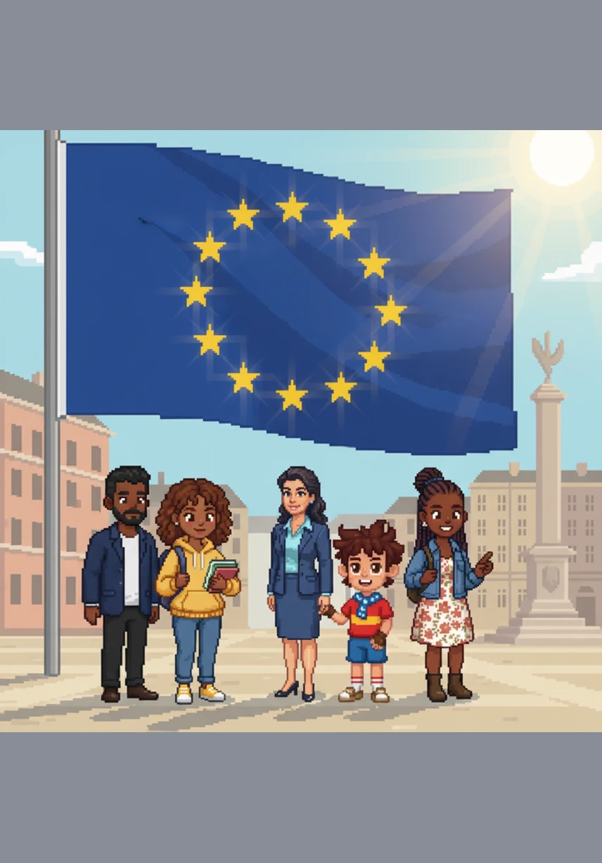 La Unión Europea crea sus propios símbolos para representar la unidad. La bandera es azul con doce estrellas amarillas que brillan como una gran familia bajo el sol.