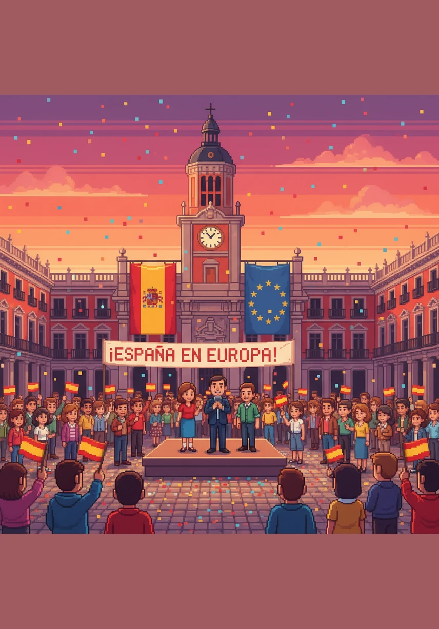 En el año mil novecientos ochenta y seis, España entra oficialmente en la Unión Europea. La gente en Madrid celebra con música y banderas en las calles.