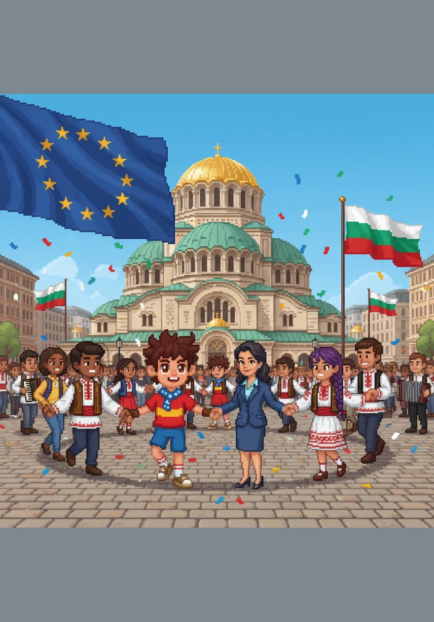 En el año dos mil siete, Bulgaria se une con mucha ilusión a la Unión Europea. En la ciudad de Sofía, las personas celebran este momento histórico con bailes tradicionales.
