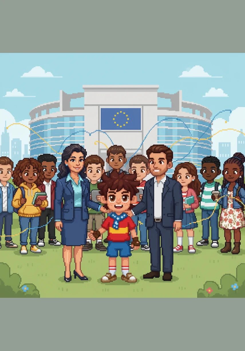 Hoy, la Unión Europea es una gran familia de muchos países que viven en paz. Mateo mira al futuro con esperanza, sabiendo que la amistad nos hace más fuertes.
