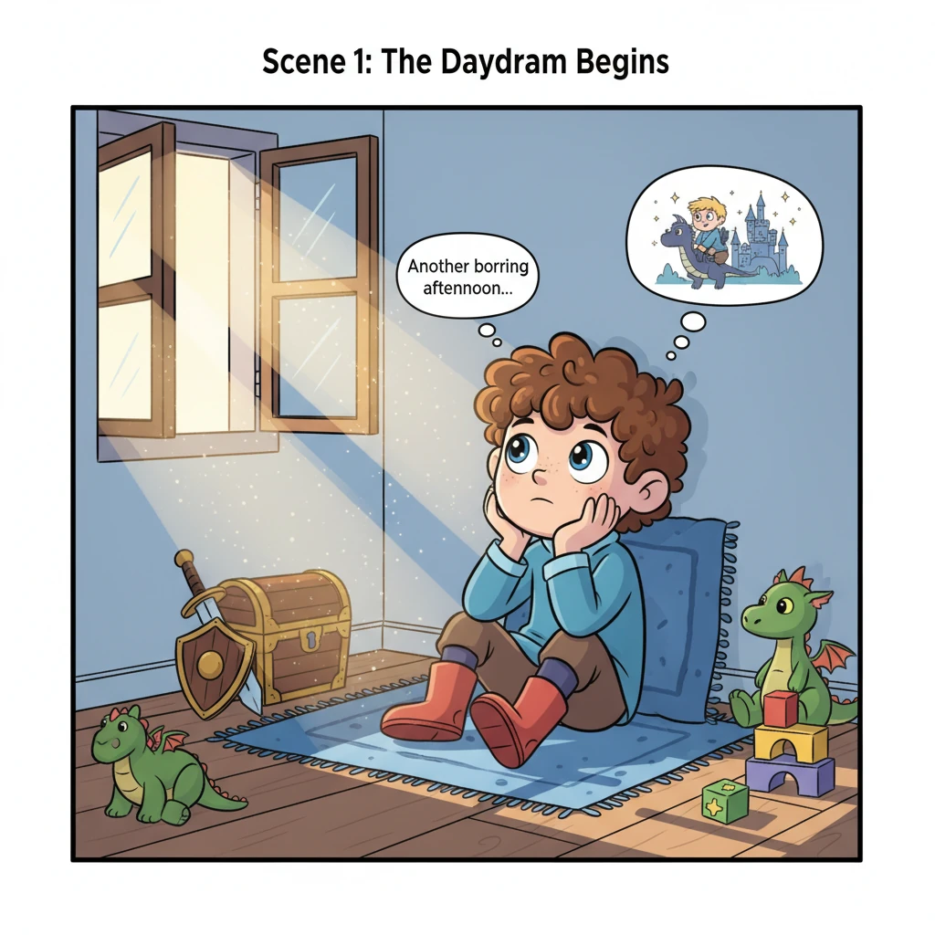 Finn sits on his bedroom floor, surrounded by toys but looking a little bored. Sunlight streams through a window, illuminating dust motes dancing in t