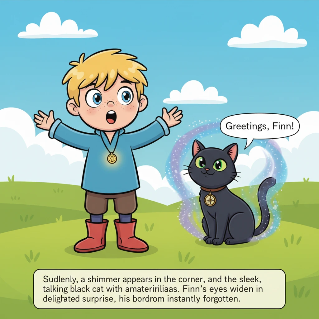 Suddenly, a shimmer appears in the corner, and a sleek, talking black cat with bright emerald eyes materializes. 'Greetings, Finn!' the cat purrs, a t