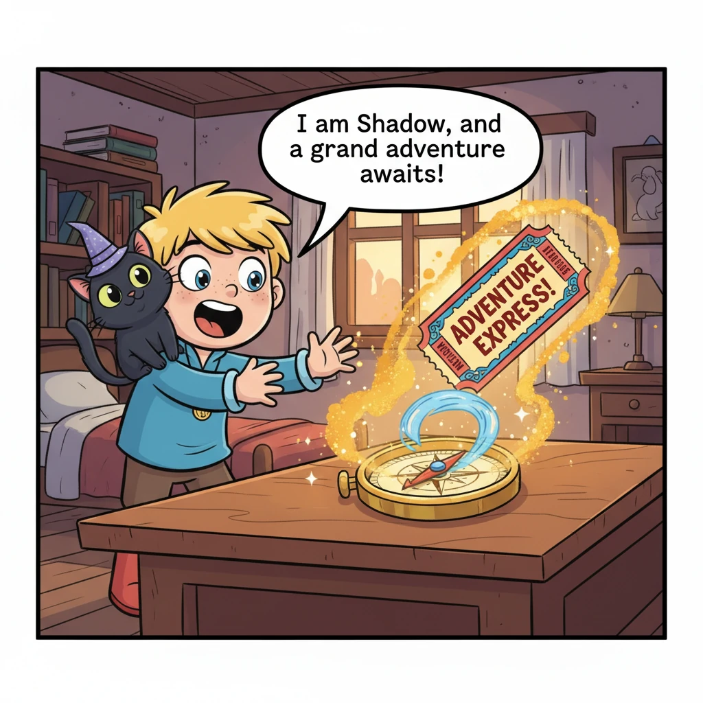 'I am Shadow, and a grand adventure awaits!' Shadow announces, flicking his tail towards the compass. The compass needle spins wildly before pointing