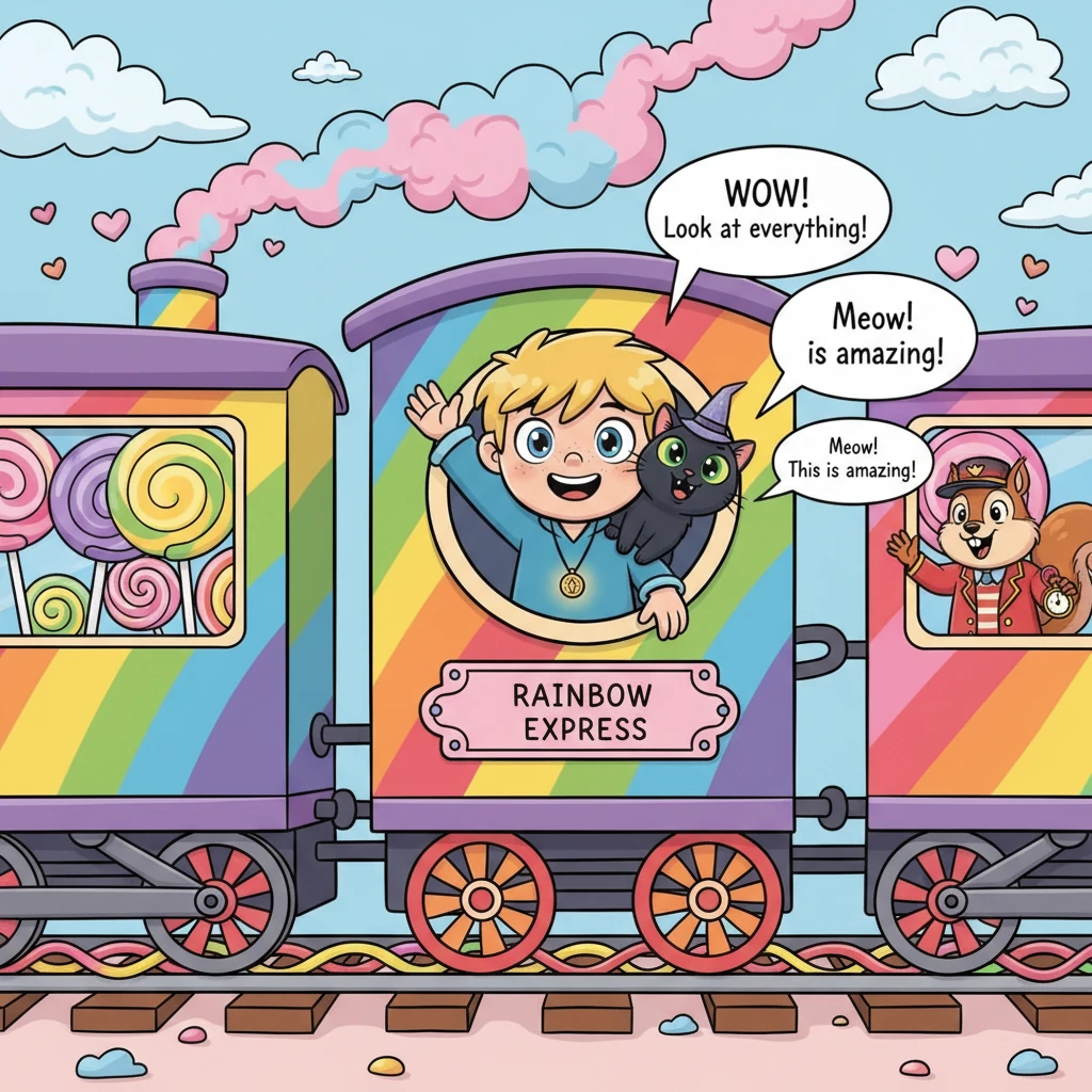 Finn and Shadow are now aboard a fantastical train, its carriages painted in rainbow stripes and puffing heart-shaped smoke. They wave excitedly from