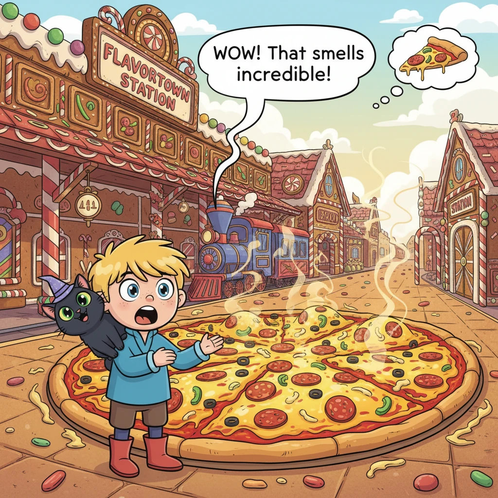 The train pulls into a station made entirely of gingerbread, where the air smells of melted cheese and tomato. In the center of the platform sits an e