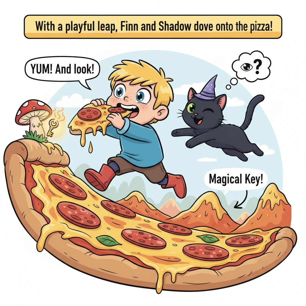 With a playful leap, Finn and Shadow dive onto the pizza, carefully navigating pepperoni mountains and cheese rivers. As Finn takes a bite, a tiny, gl