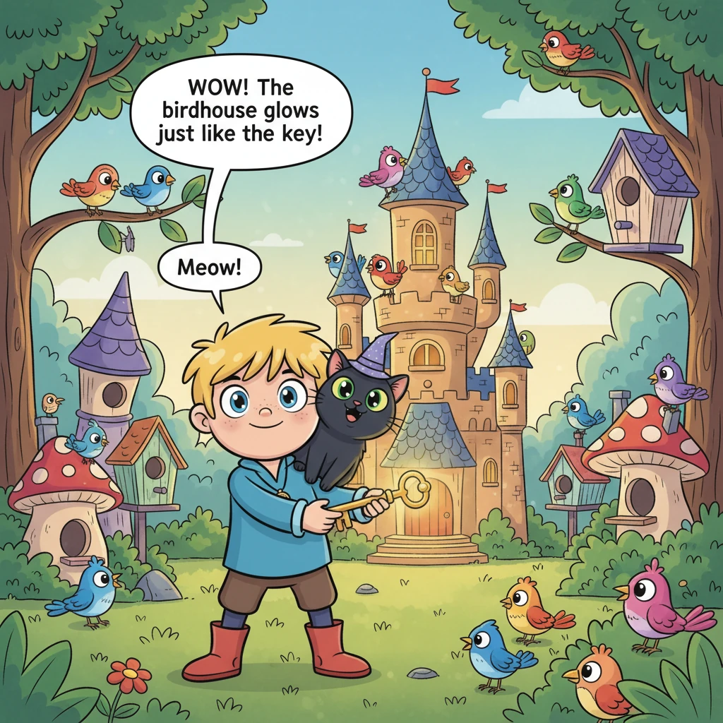 Following the key's gentle glow, they arrive at a clearing filled with the most extraordinary birdhouses imaginable. One particular birdhouse, shaped