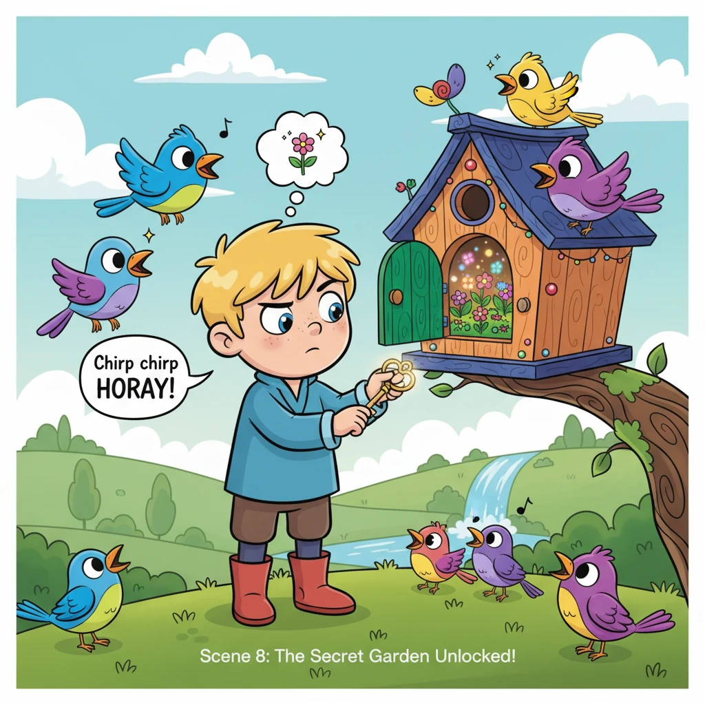 Finn carefully inserts the key into the birdhouse's tiny, ornate door. With a soft click, the door swings open, revealing not a bird, but a miniature,