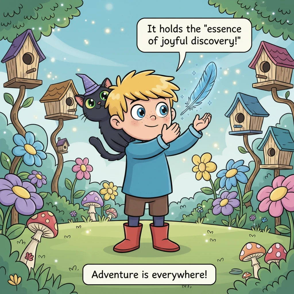 The birdhouse garden pulsates with gentle magic, and at its heart, a single, oversized, shimmering blue feather floats gracefully. Shadow explains tha