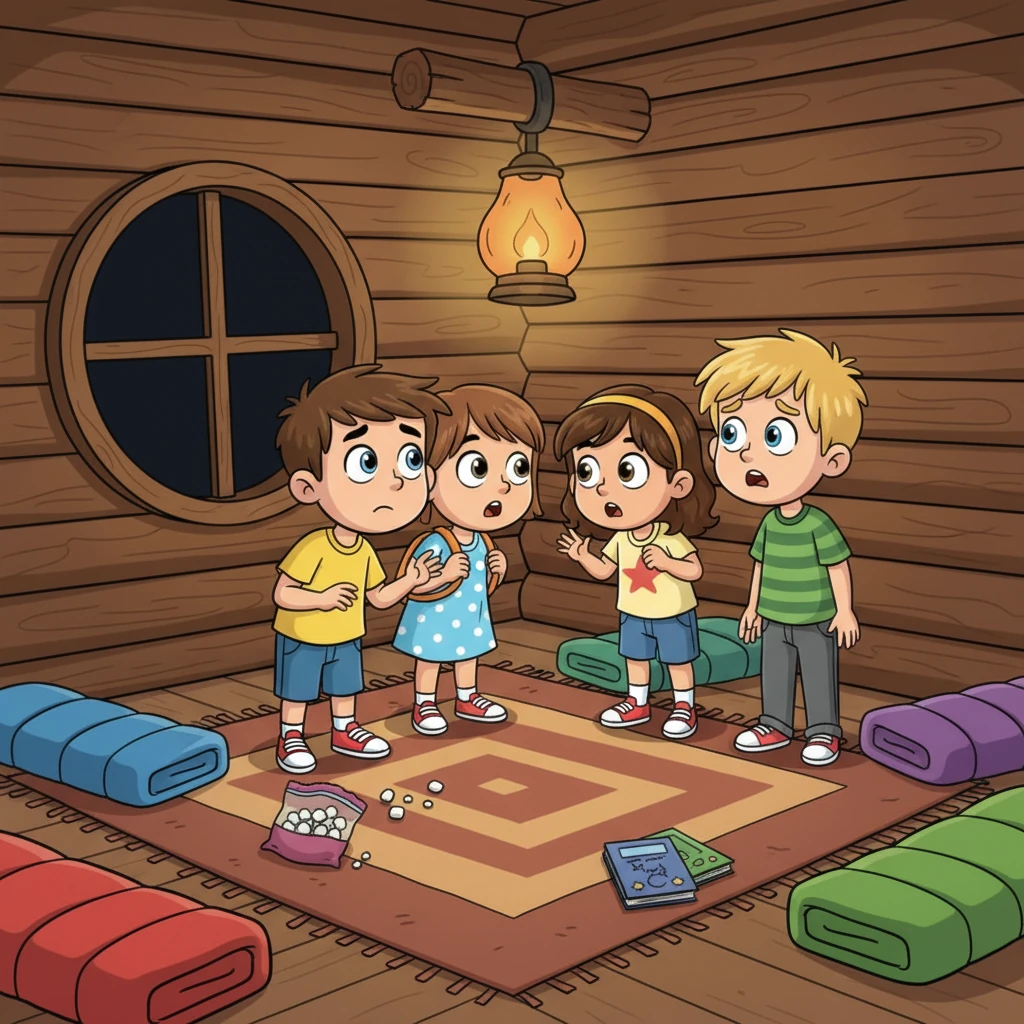 Four friends, Leo, Mia, Sam, and Chloe, are huddled together in a giant, old wooden cabin. Outside, the summer night is ink-black, and a single, wonky lantern casts a warm glow on their wide, slightly nervous faces. Their sleeping bags are scattered playfully around a central, worn rug.