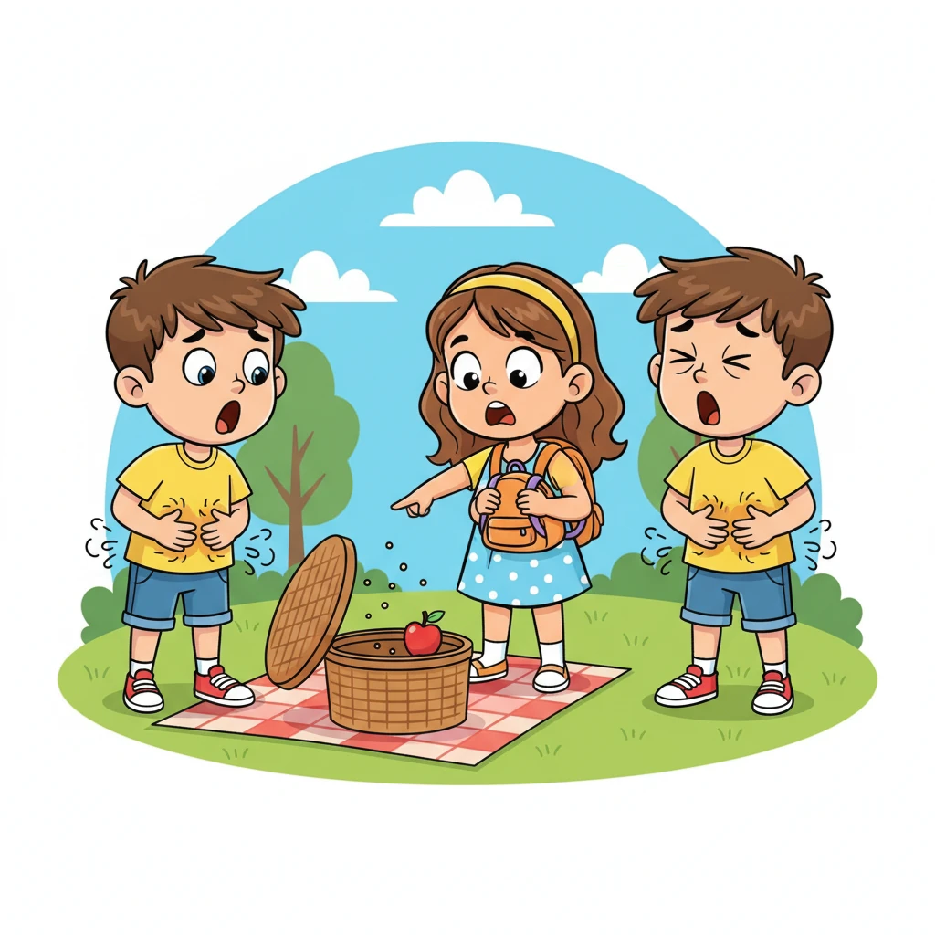 Mia points to their almost empty picnic basket, its lid askew, showing only a few crumbs and a lonely apple. Their exaggeratedly worried expressions show they're thinking about the dwindling snacks, making their tummies rumble loudly.