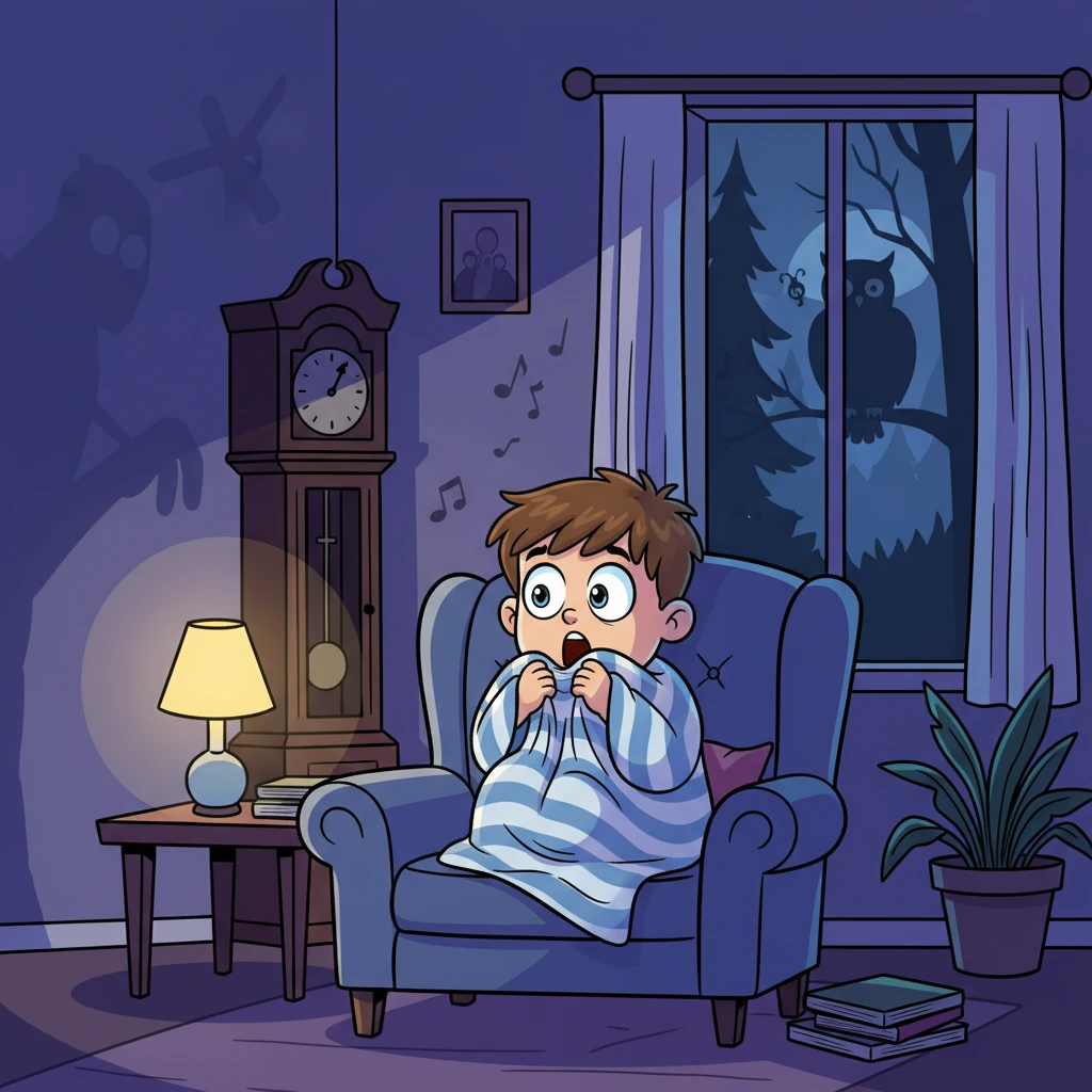 Suddenly, a long, drawn-out hoot echoes from the forest outside, followed by the chirping of crickets that sound strangely loud. Sam pulls his blanket tighter, his eyes comically wide, as the shadows in the big room seem to stretch and dance.