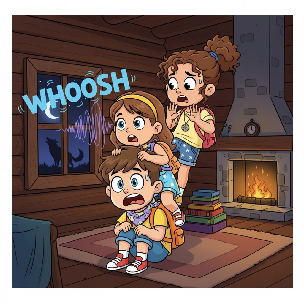 A soft, whispering "whoosh" sound seems to float through the cabin walls, followed by a distant, eerie howl that makes Chloe jump. The friends lean in closer to each other, their bodies forming a comical, trembling pyramid of fear.