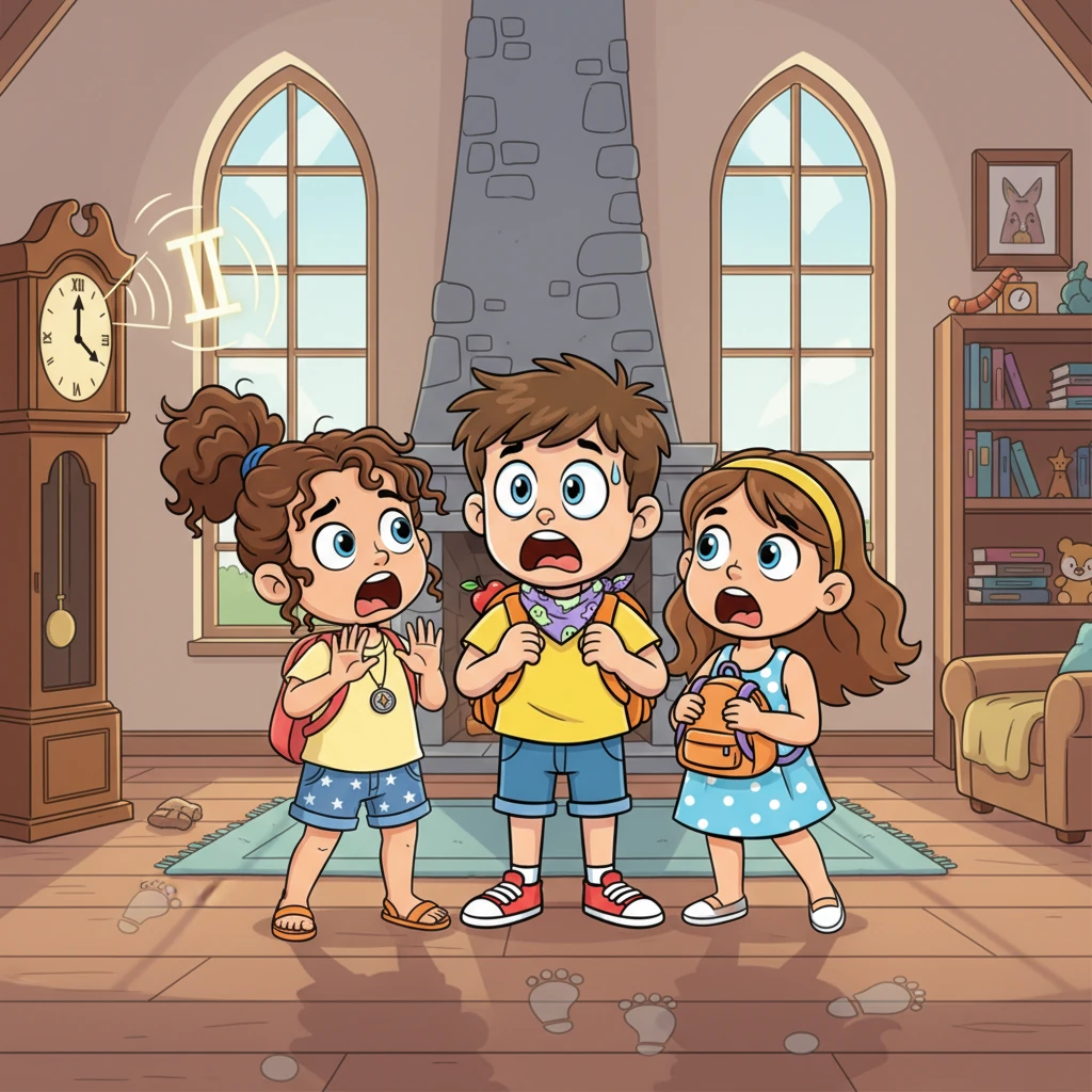 The old grandfather clock in the corner dramatically chimes two times, making everyone gasp and clutch each other. The strange noises intensify, sounding like invisible creatures tiptoeing around their big room, making their hair stand on end.