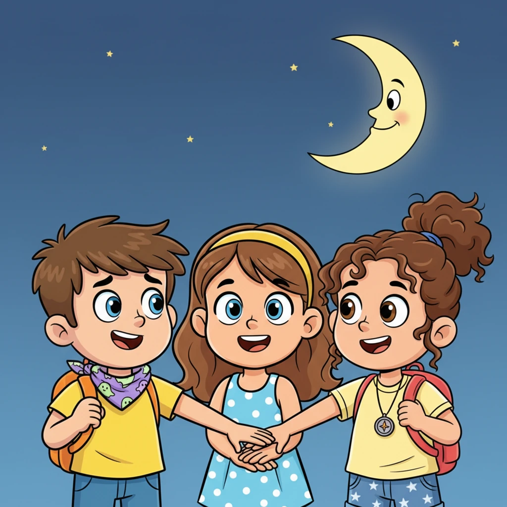 Mia, Sam, and Chloe nod vigorously, their faces transforming from scared frowns to brave, determined smiles. They put their hands together in a playful, wobbly pile, agreeing to face the spooky night as one united force.