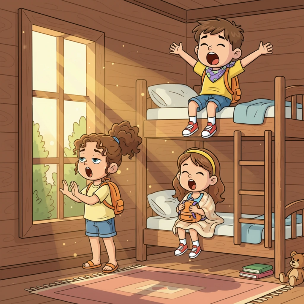 As the first rays of morning sun peek through the cabin windows, painting the room in soft, cheerful oranges and yellows, the mysterious "ghostly" sounds transform into the gentle creaking of the old house and the rustling of leaves outside. The friends yawn widely, their fears replaced by sleepy smiles.